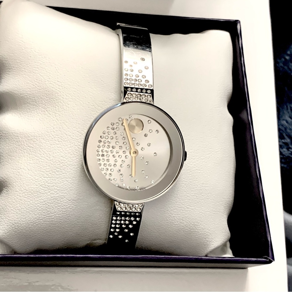 UNUSED - MOVADO BOLD SILVER BANGLE WATCH WITH CRYSTAL ACCENTS -  BASICALLY NEW!